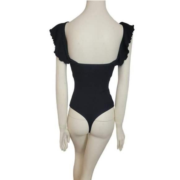 Aritzia Wilfred Black Maeva Bodysuit Ruffled Top Blouse Fine Ribbed Thong Cut M - Picture 5 of 8